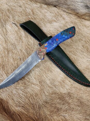 #6274 AUS-10 Damascus Knife with Custom Leather Sheath