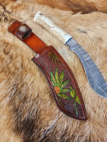 #6366 Large Damascus “Kukri” Knife W Elk Antler Handle