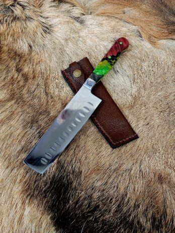 #6436 Damascus “Nakiri” Chef’s Knife W Dyed Maple/Alumilite®Honeycomb Handle