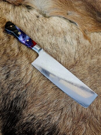 #6520 Damascus “Nakiri” Chef’s Knife W Dyed Maple/Alumilite®Honeycomb Handle