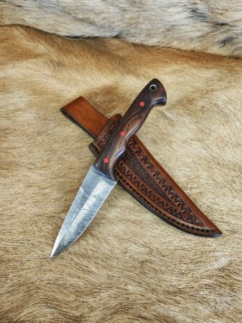 #6530 Damascus Drop Point W Desert Ironwood Handle – Custom Leather Sheath