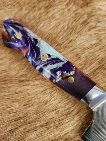 #6534 Medium Sized Damascus Santoku Chef’s Knife W Maple/Alumilite® Silver Flake Resin Handle