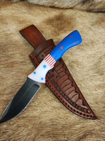 #6546 Stonewashed Tactical Knife W Custom Leather Sheath