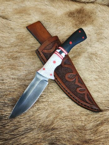 #6548 Stonewashed Tactical Knife W Custom Leather Sheath